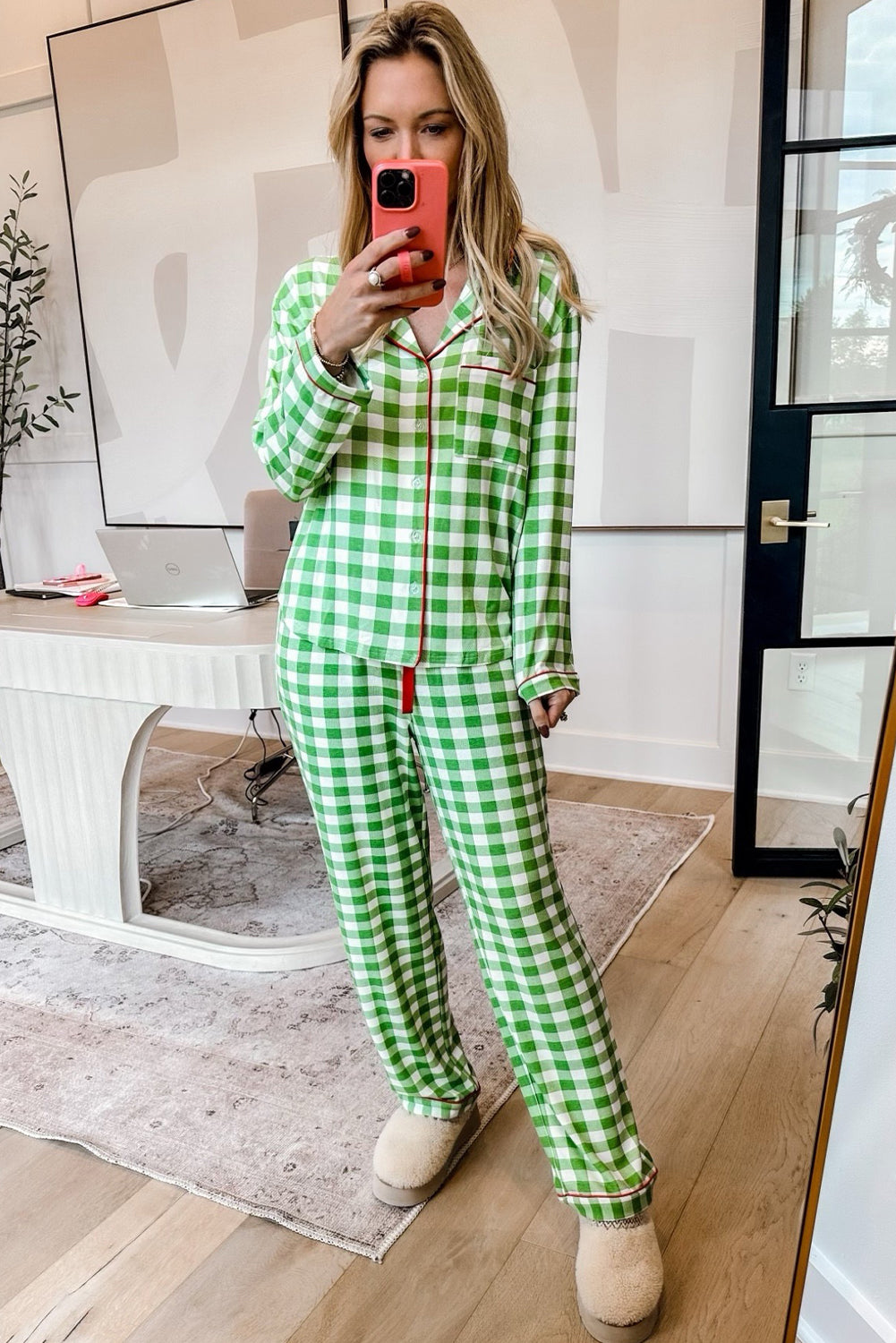 Light Green Christmas Plaid Pyjama Set