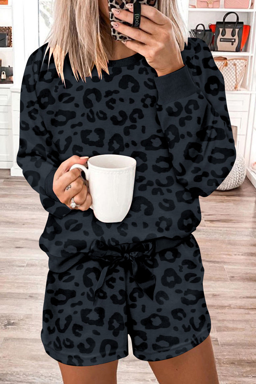 Dark Printed Leopard Long Sleeve Satin Set