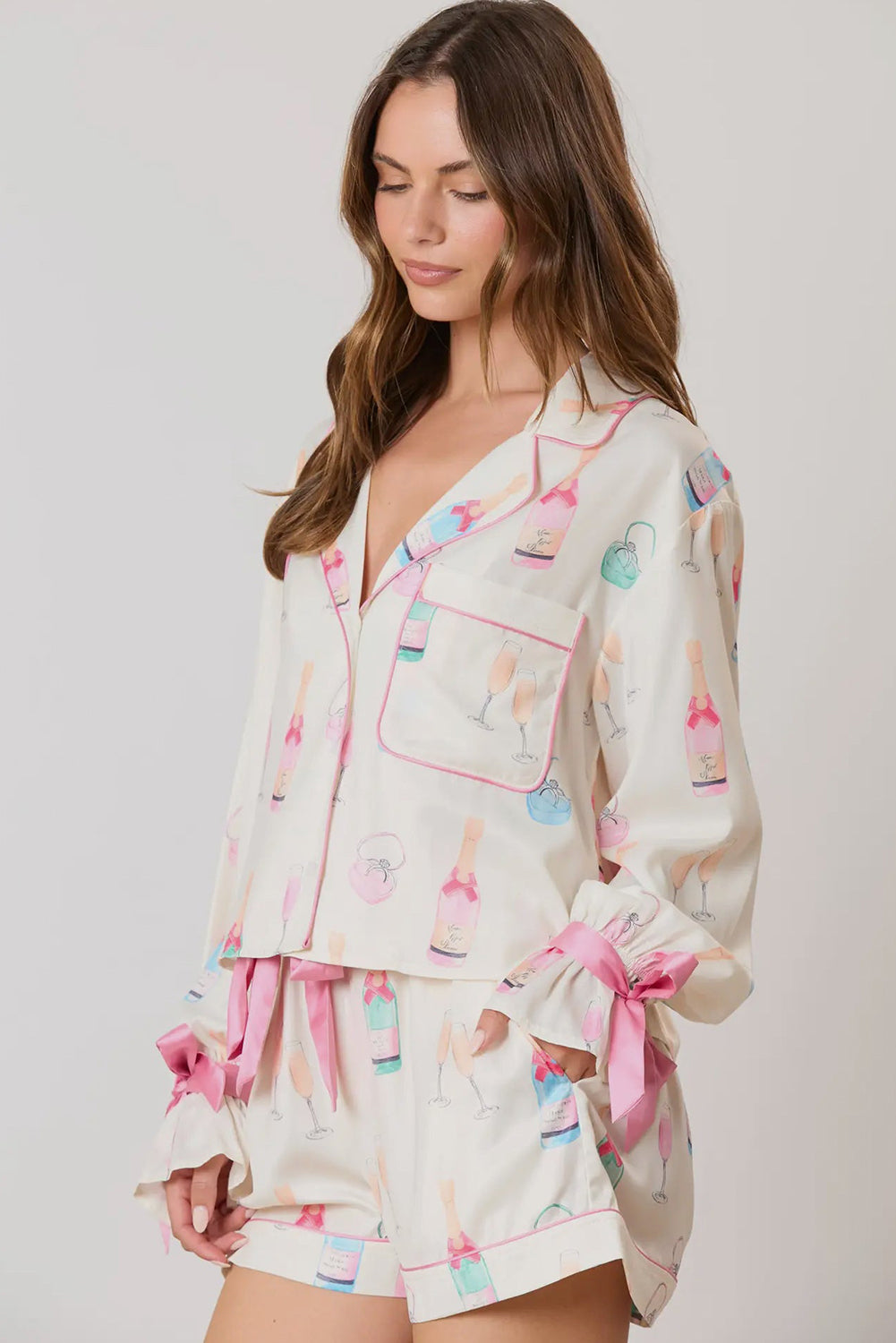 Wine Glass Print Bow Knot Pyjama Set