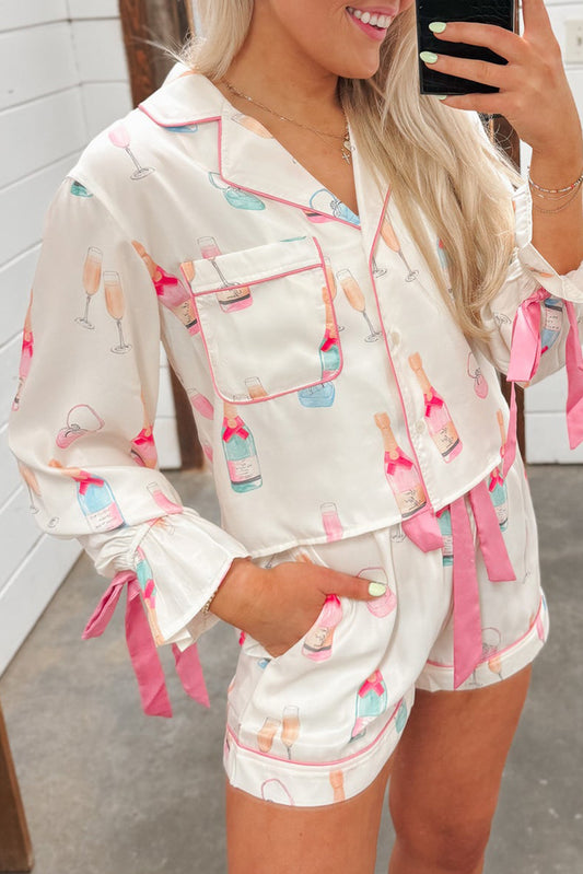 Wine Glass Print Bow Knot Pyjama Set