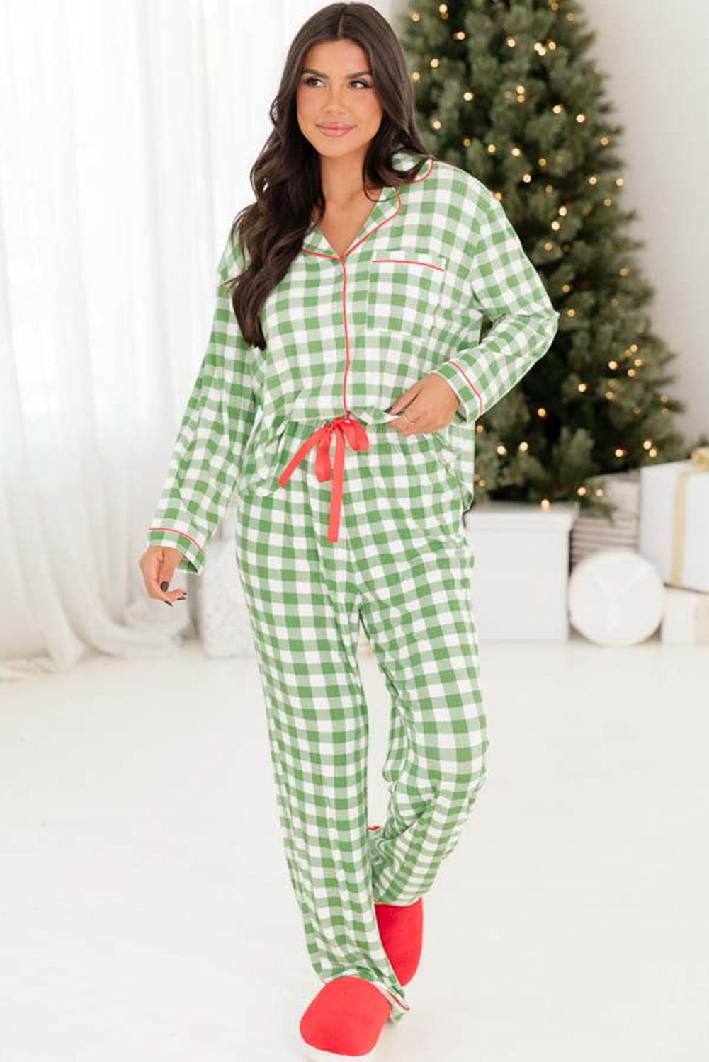 Light Green Christmas Plaid Pyjama Set