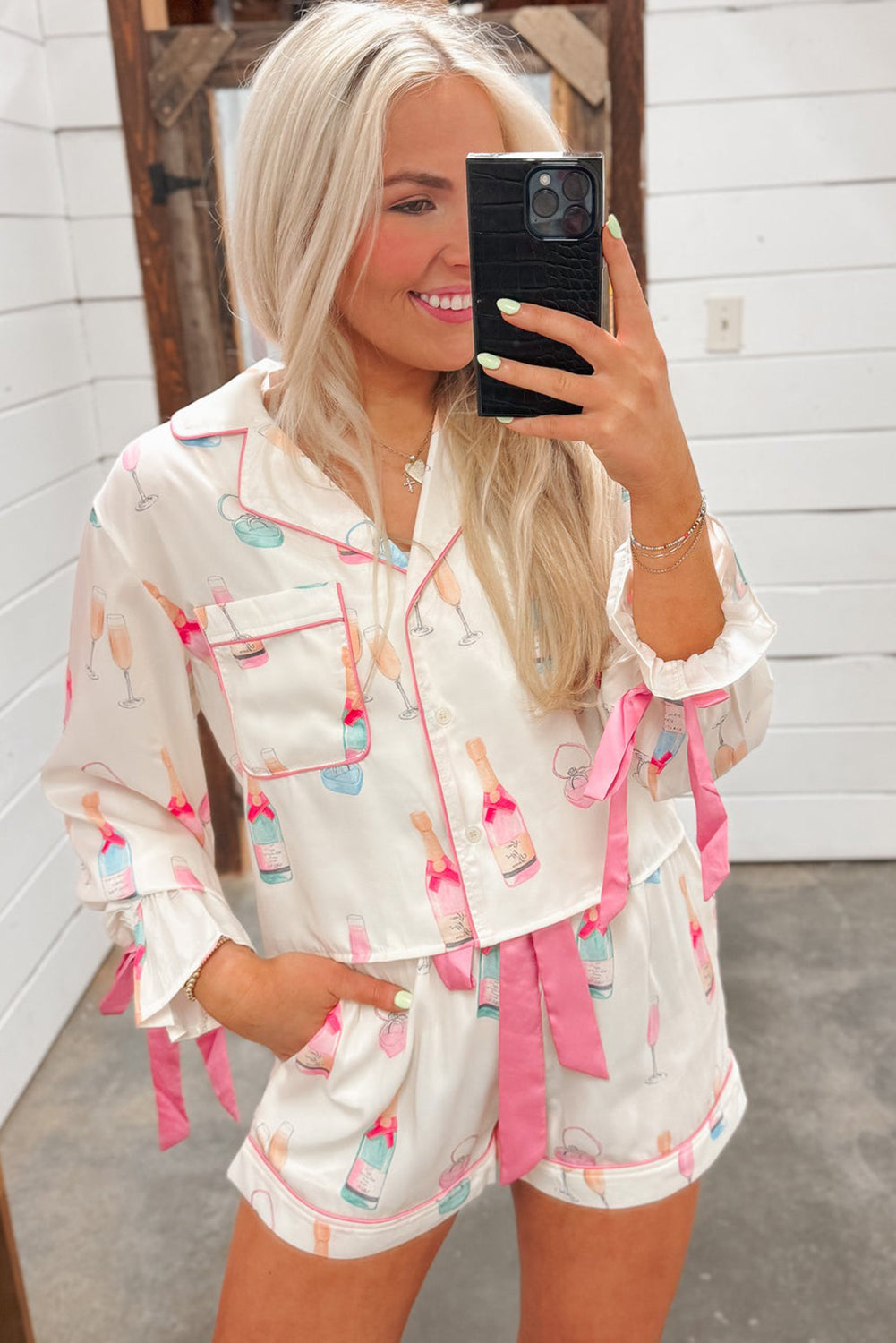 Wine Glass Print Bow Knot Pyjama Set