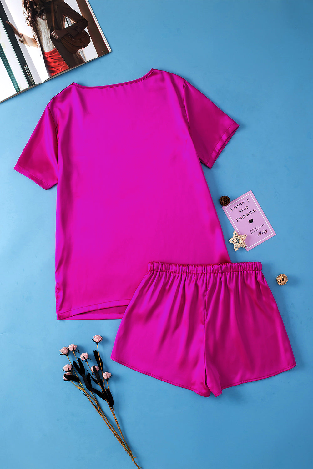 Bright Pink Satin V Neck Shorts Set