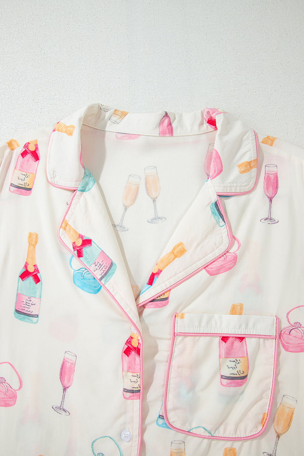 Wine Glass Print Bow Knot Pyjama Set