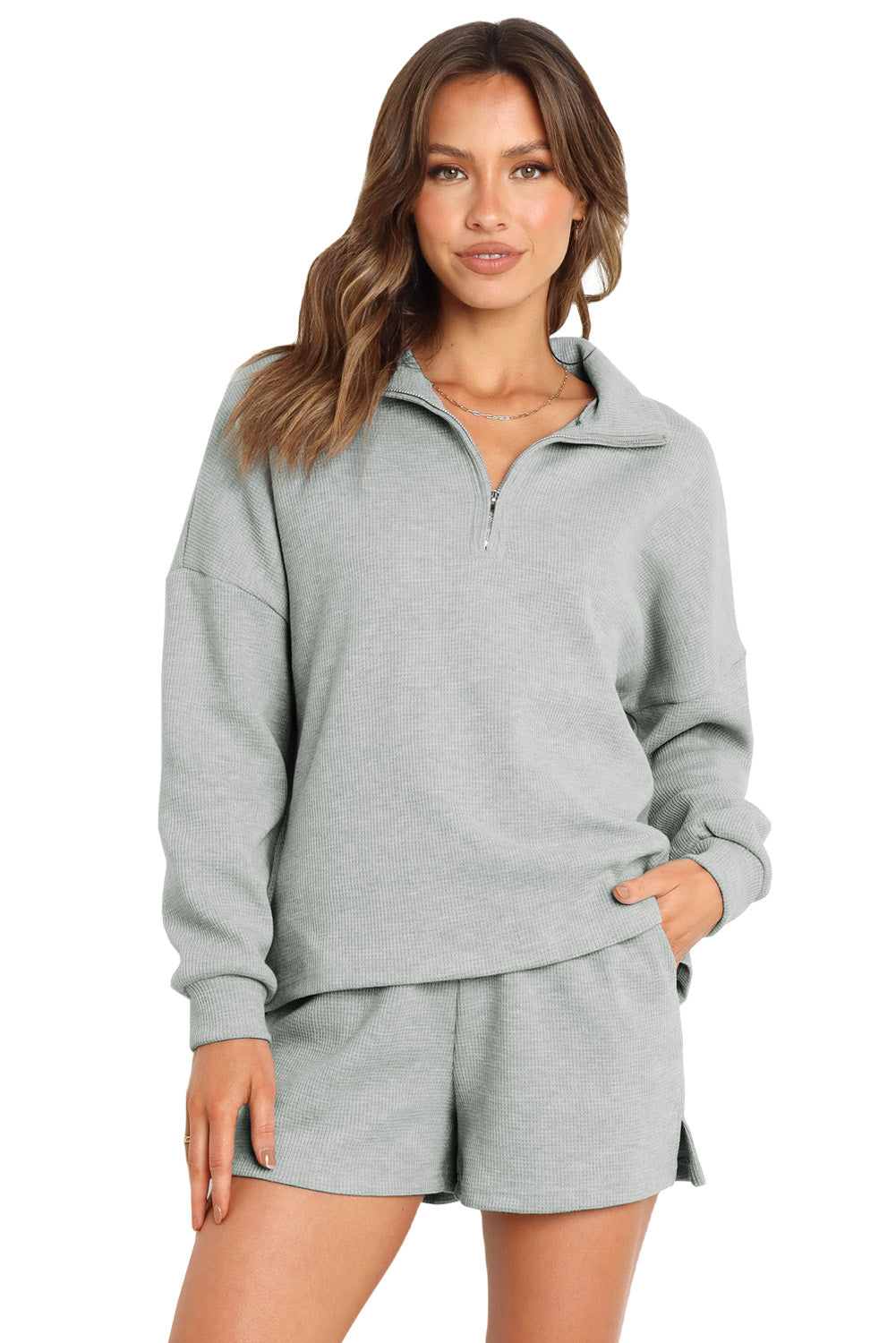 Gray Zipped Sweat and Shorts Set