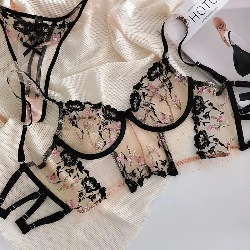 See-through Lace Black Flowery Set