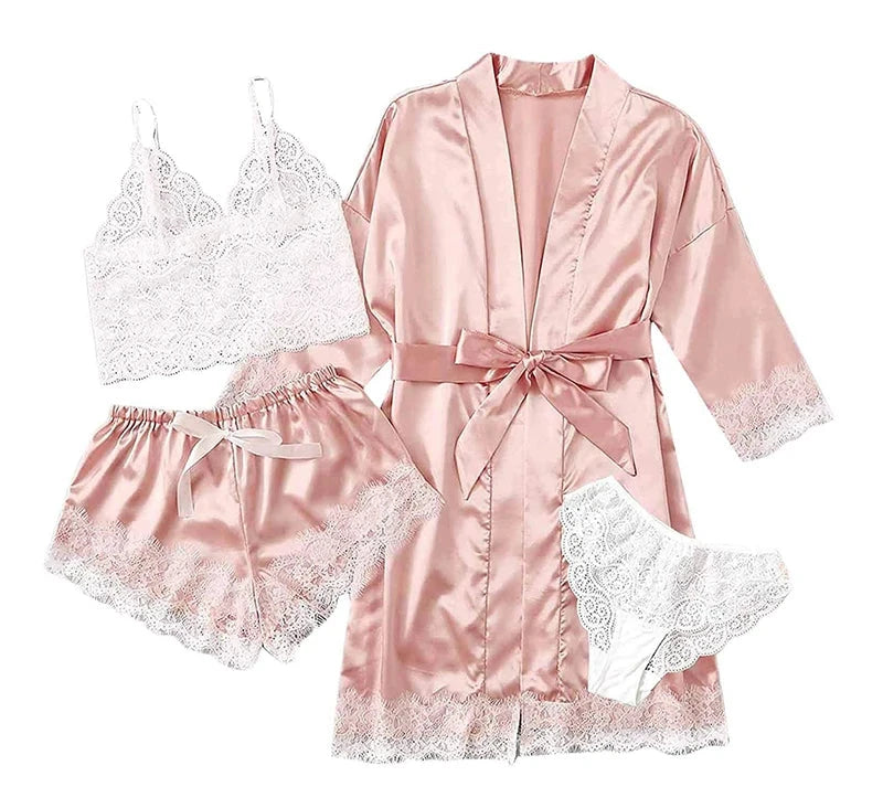 Lace Satin With Silk 4 Pieces Pijama Set