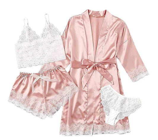 Lace Satin With Silk 4 Pieces Set Pijama