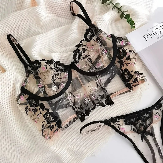 See-through Lace Black Flowery Set