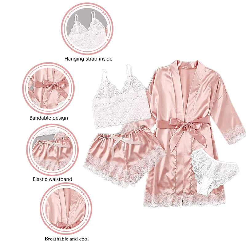 Lace Satin With Silk 4 Pieces Pijama Set