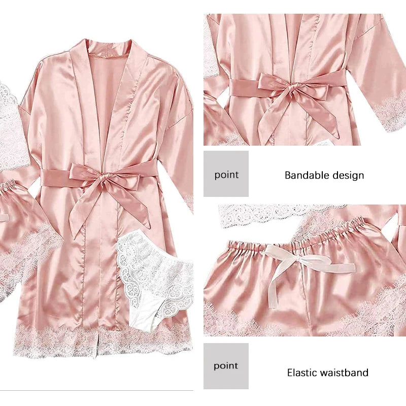 Lace Satin With Silk 4 Pieces Pijama Set