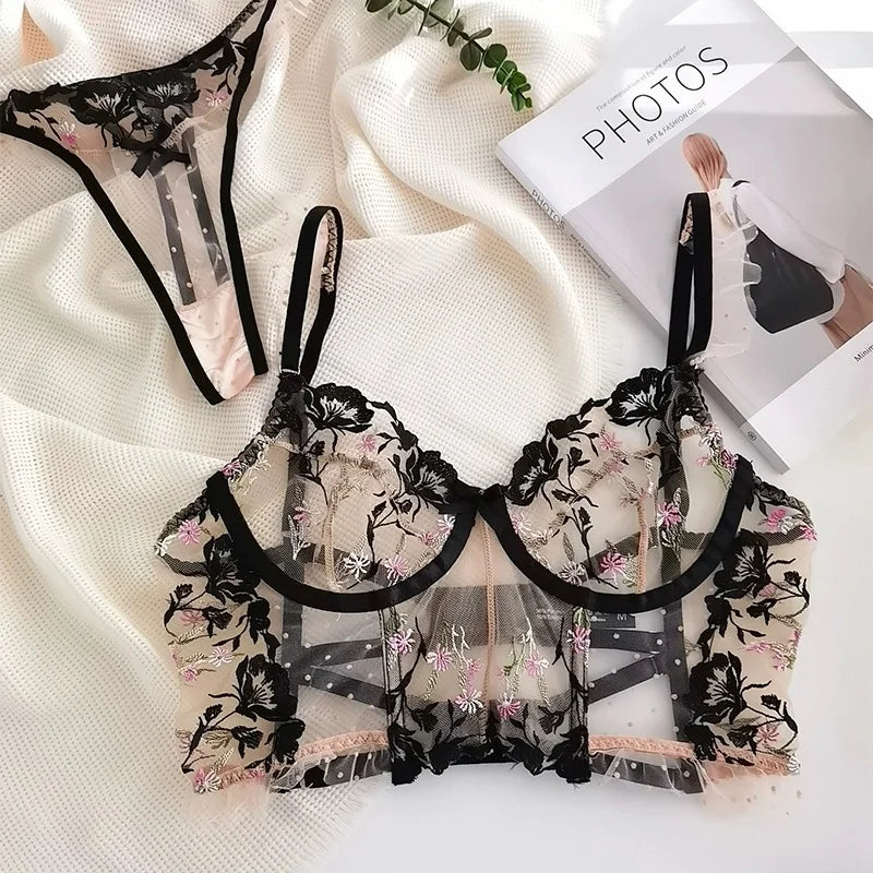 See-through Lace Black Flowery Set