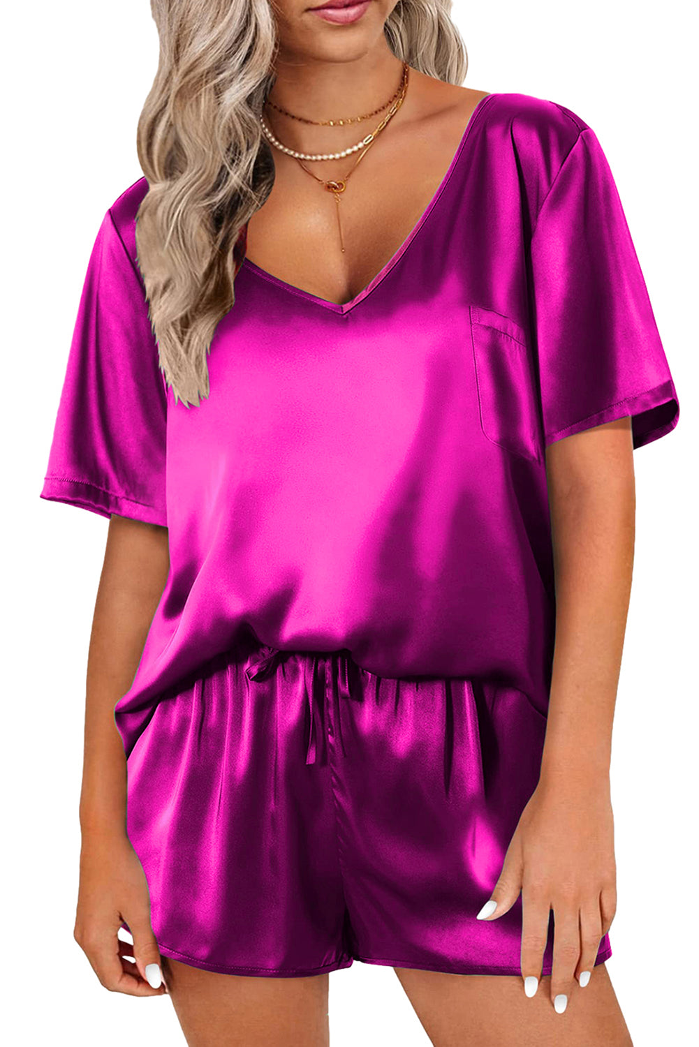 Bright Pink Satin V Neck Shorts Set