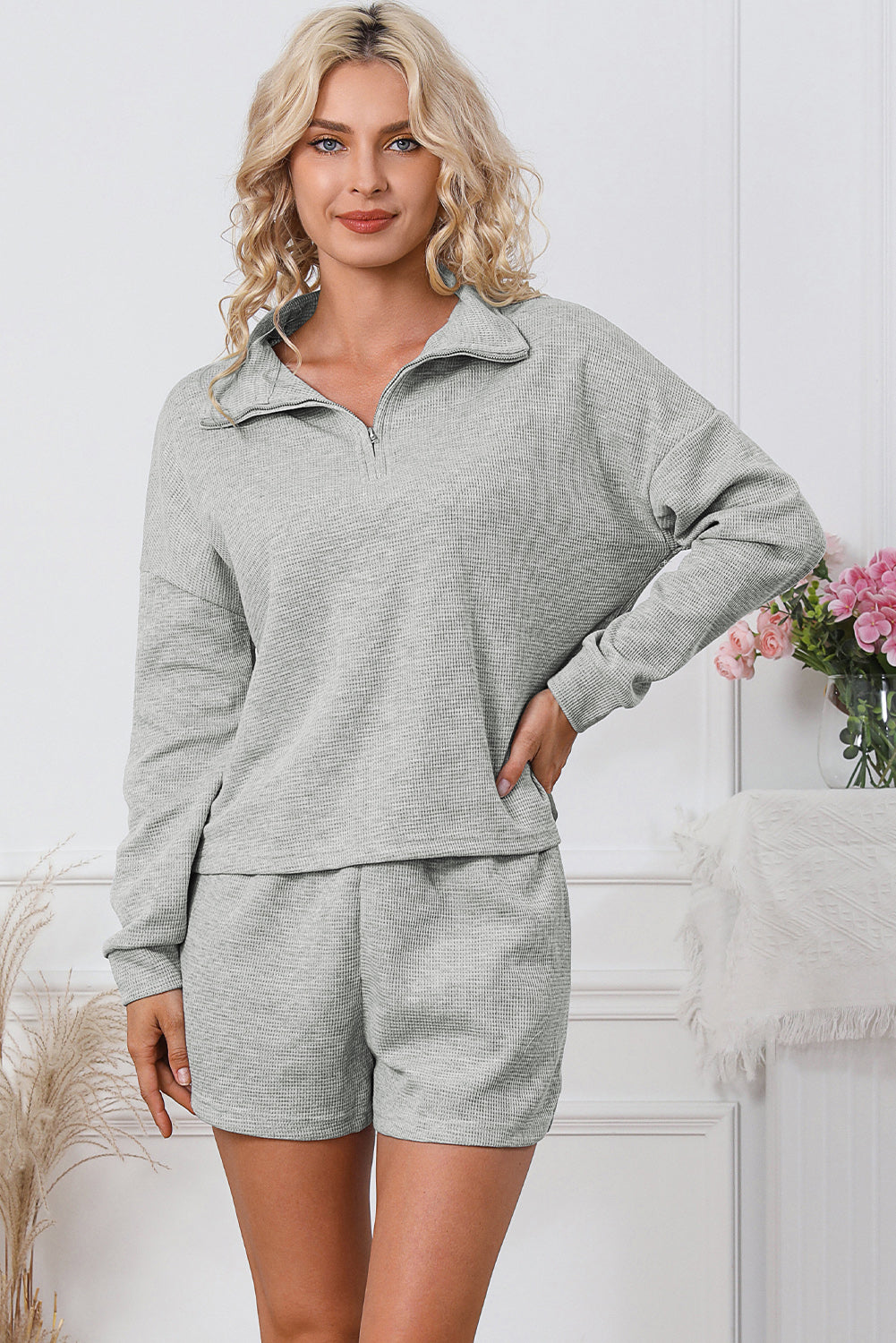 Gray Zipped Sweat and Shorts Set