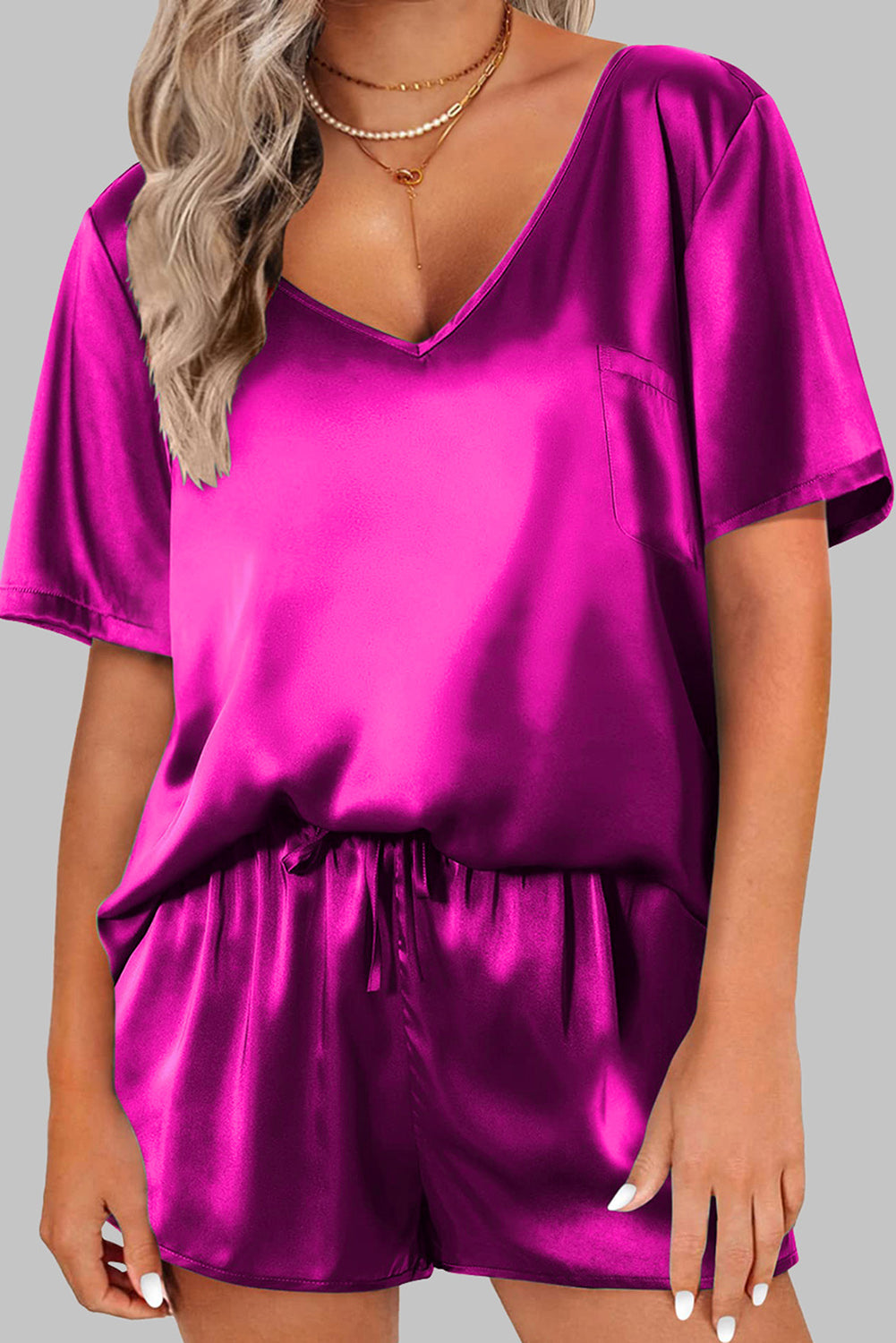 Bright Pink Satin V Neck Shorts Set