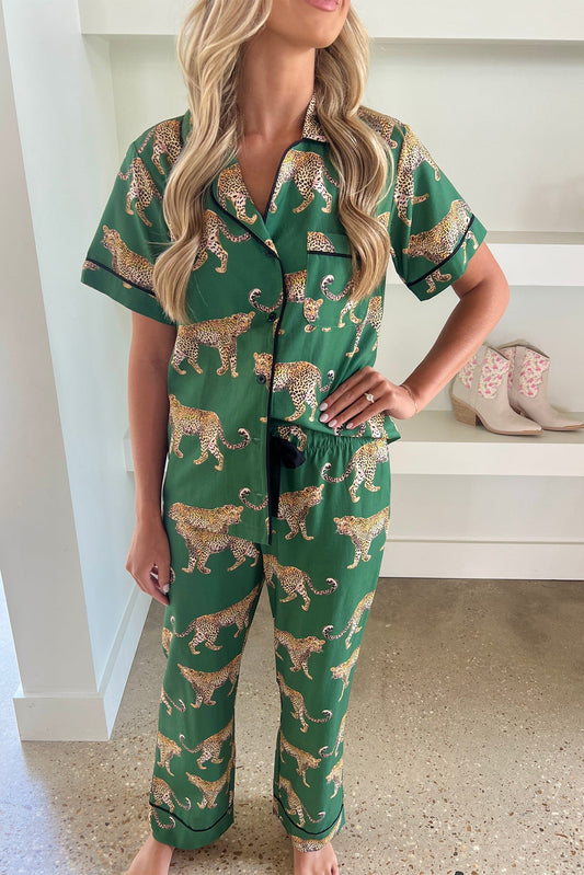 Green Cheetah Print Pyjama Set