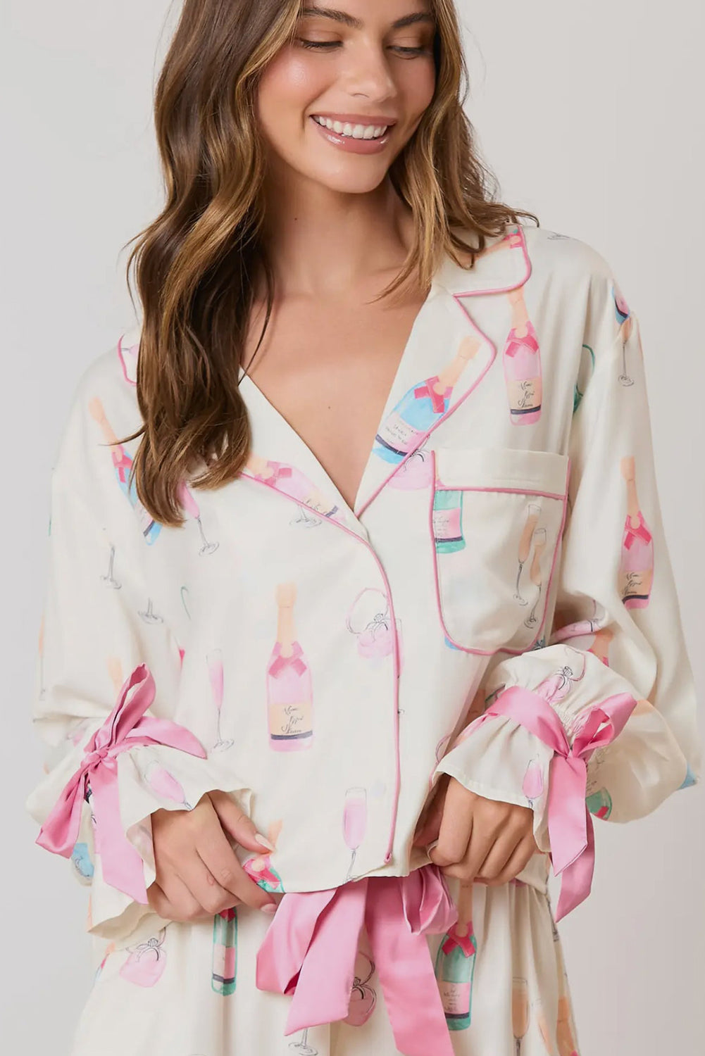 Wine Glass Print Bow Knot Pyjama Set