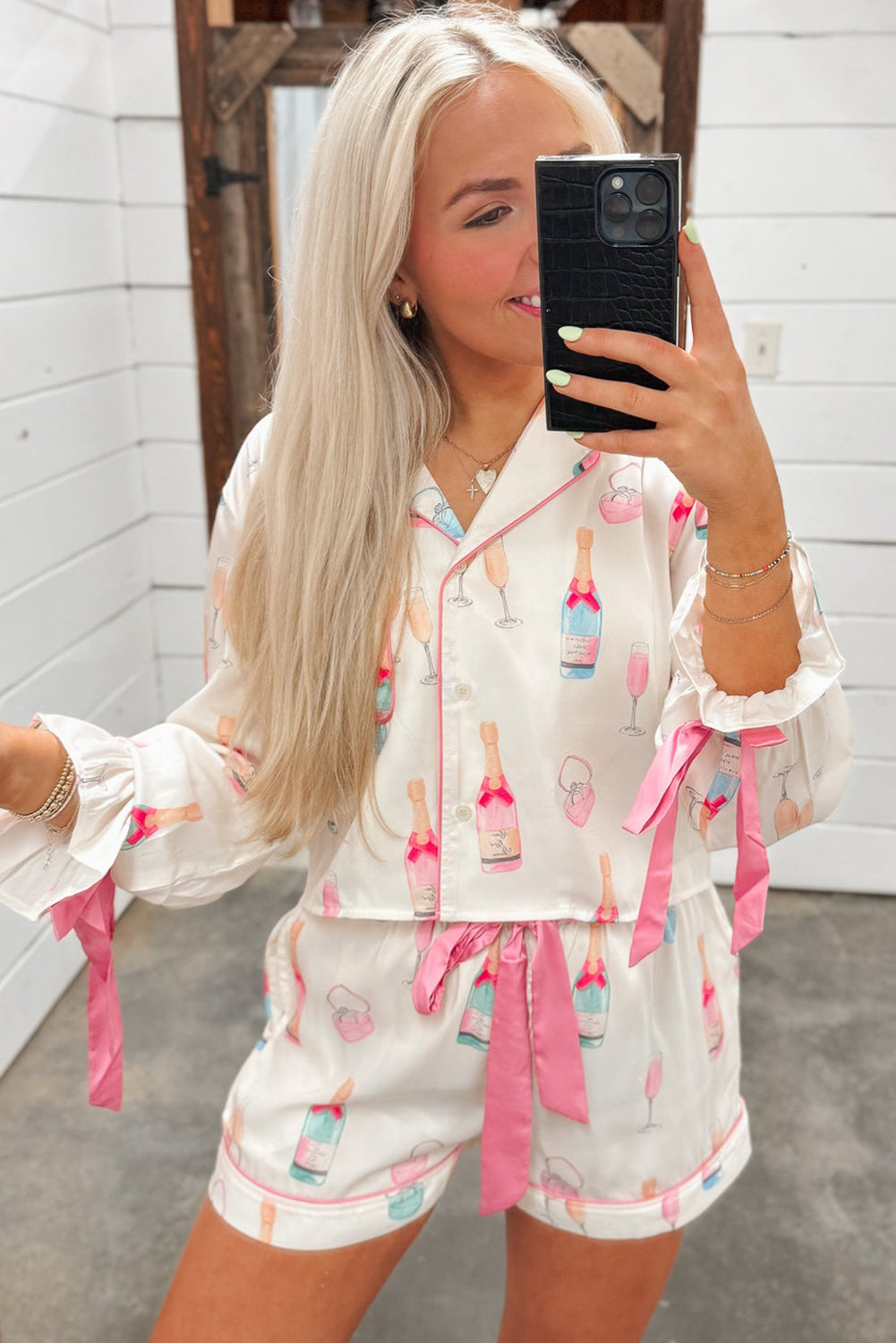 Wine Glass Print Bow Knot Pyjama Set