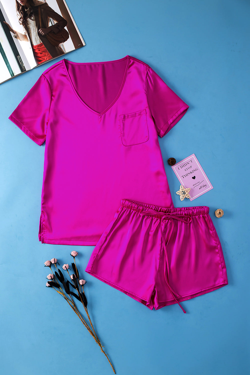 Bright Pink Satin V Neck Shorts Set